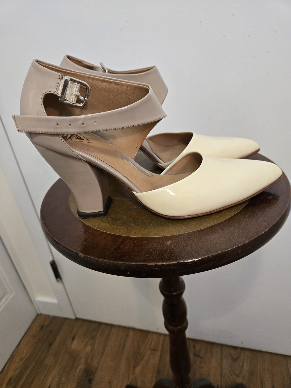 John Fluevog Two-Tone Cream and Mauve Vanessa Ankle-Strap Heels